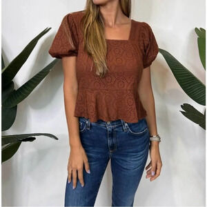BAND OF THE FREE Palmer Eyelet Lace Walnut Brown Boho Peplum Top NWT Medium
